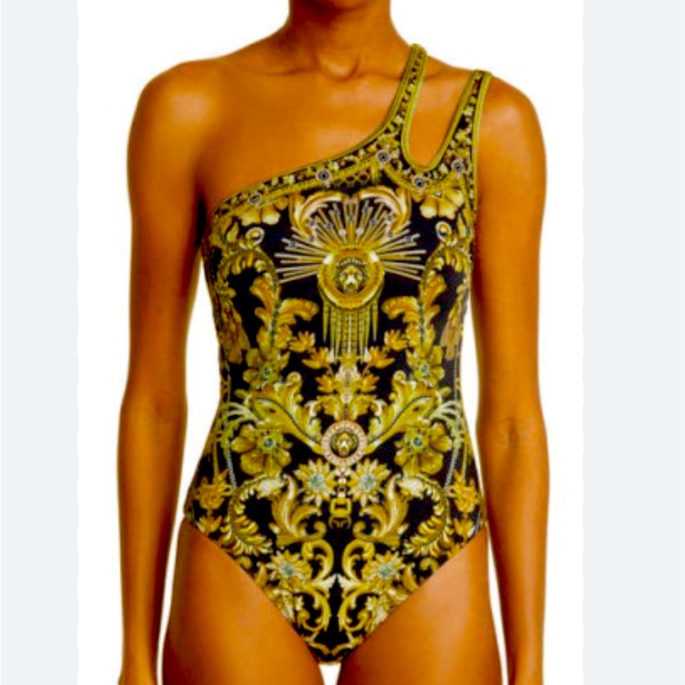 Camilla Filigree Print One-Shoulder One-Piece Swimsuit in The Night Is Noir SX